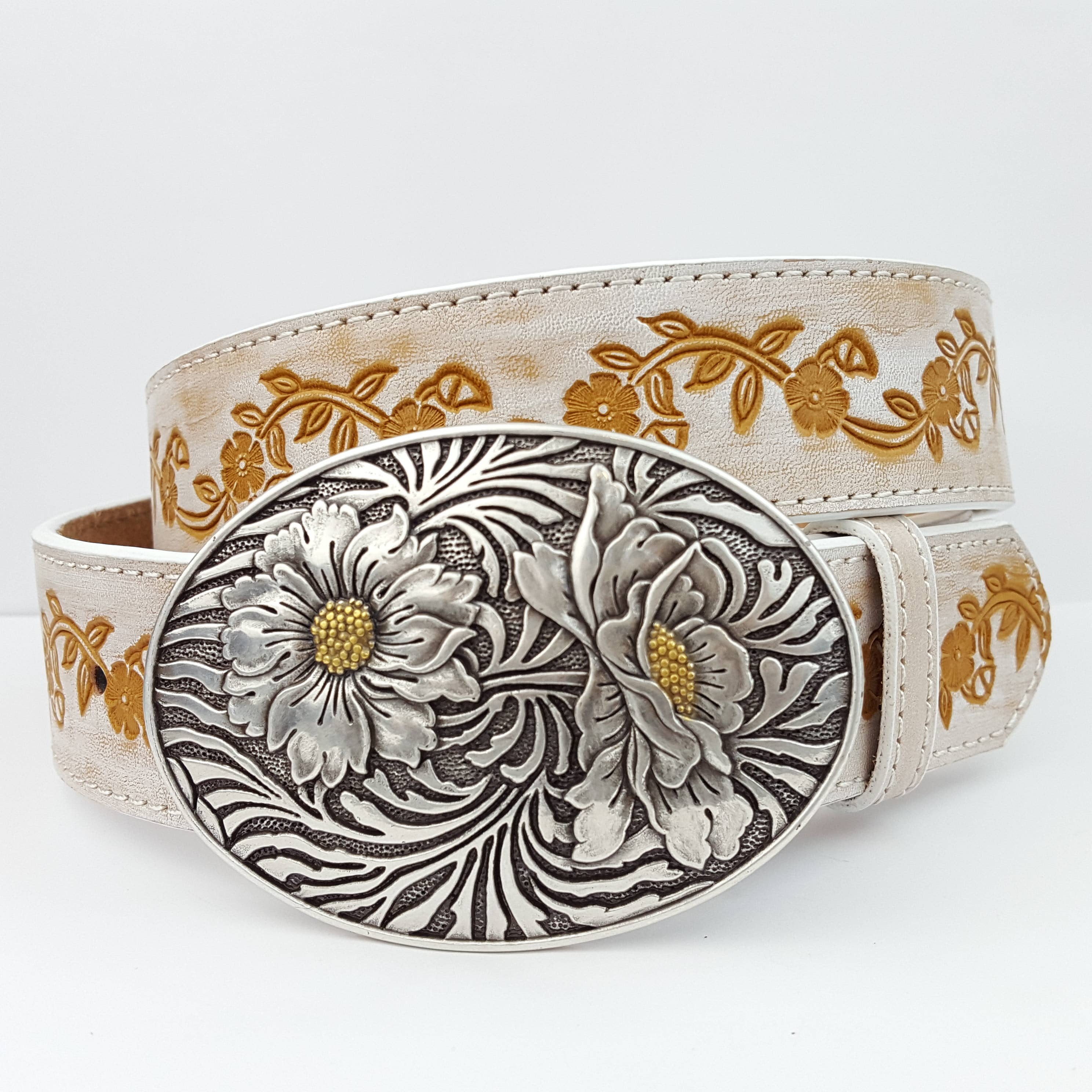 Popular Sunflower Buckle with Vintage floral tooled belt
