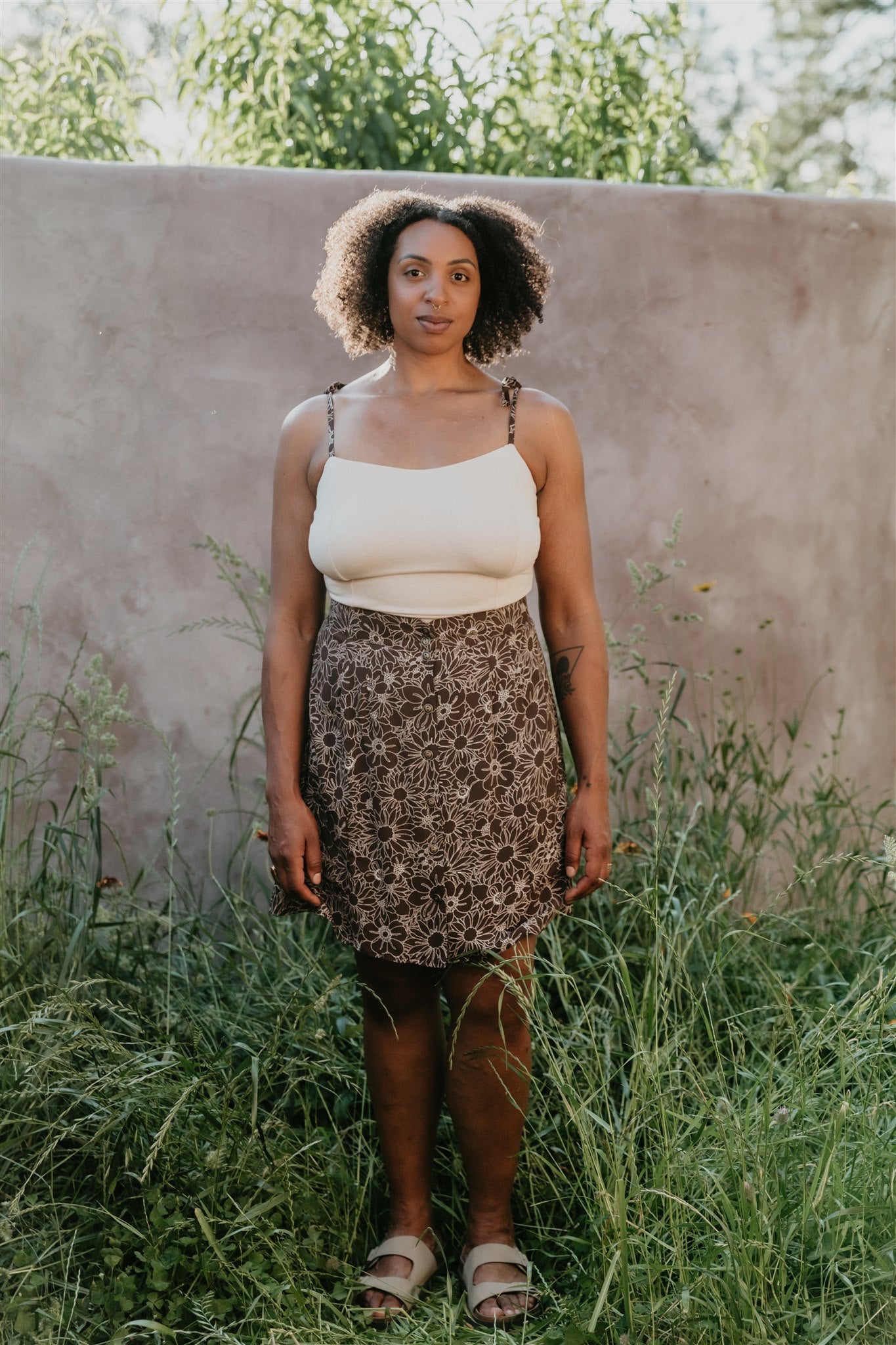 Minnie Top in Oat Modal with Brown Floral Straps
