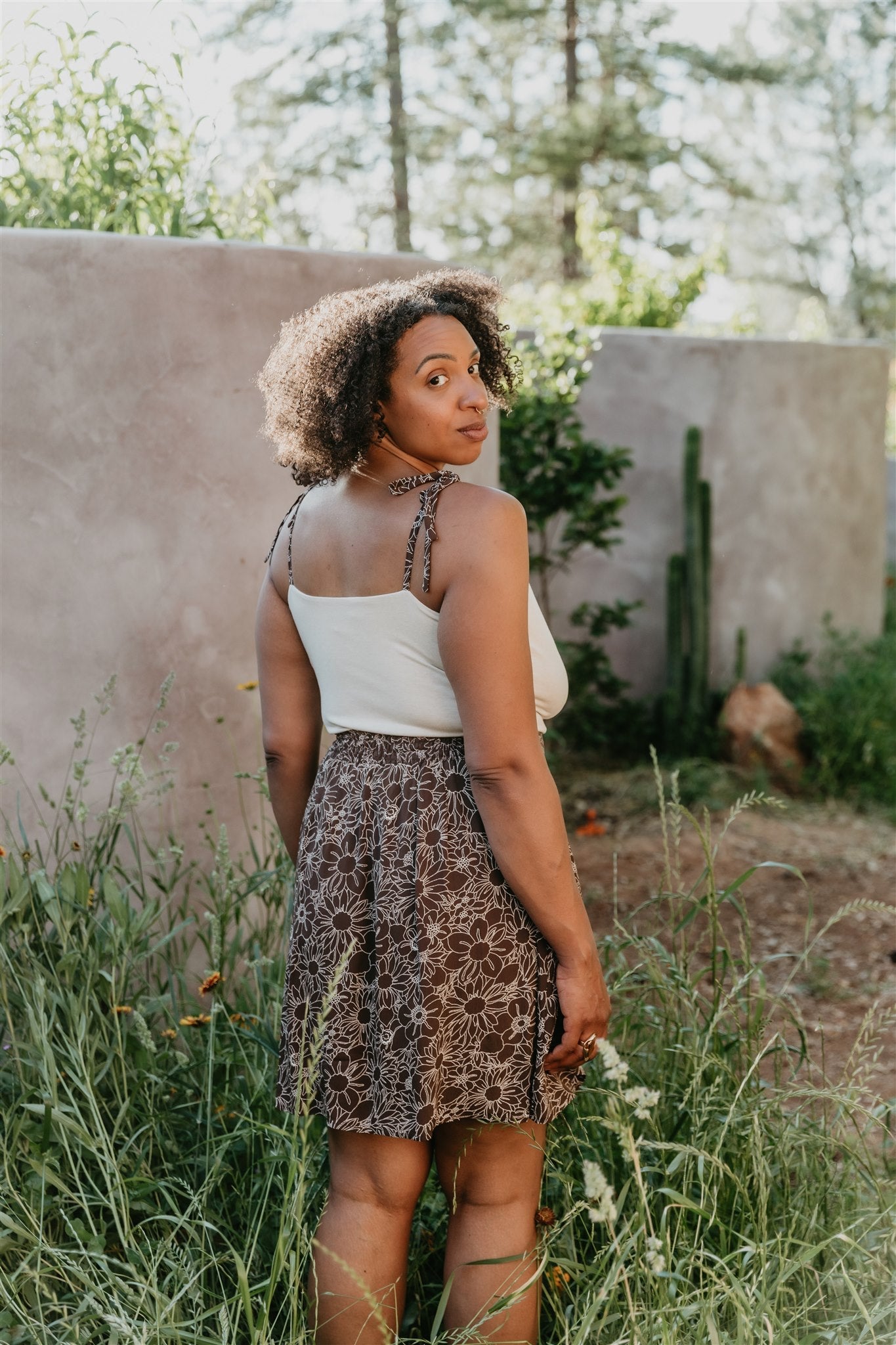 Minnie Top in Oat Modal with Brown Floral Straps