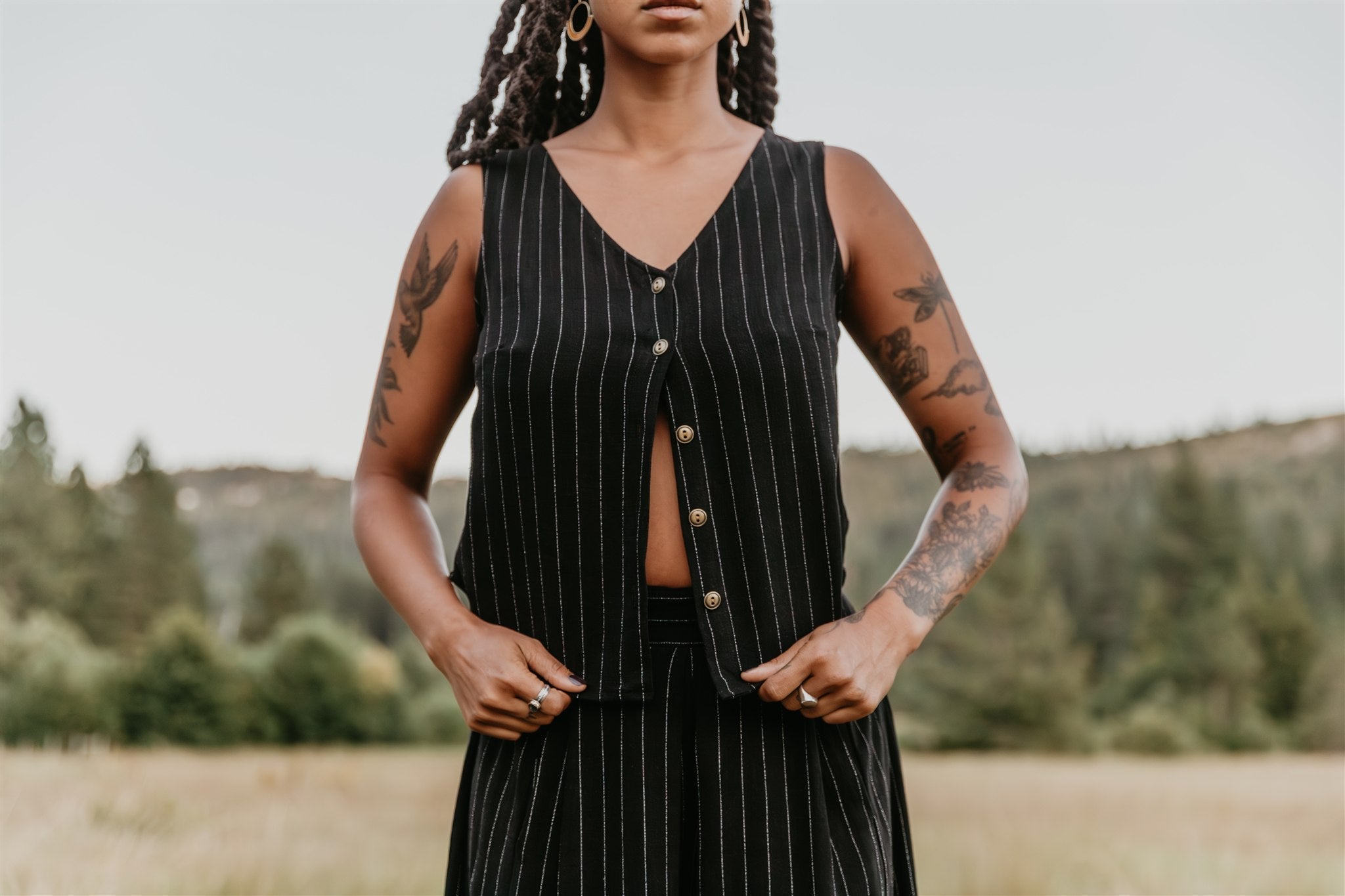 Aviva Top in Black Pinstripe