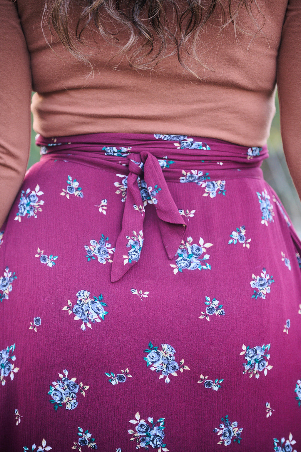 Maxi Wrap Skirt in Merlot Floral Crepe