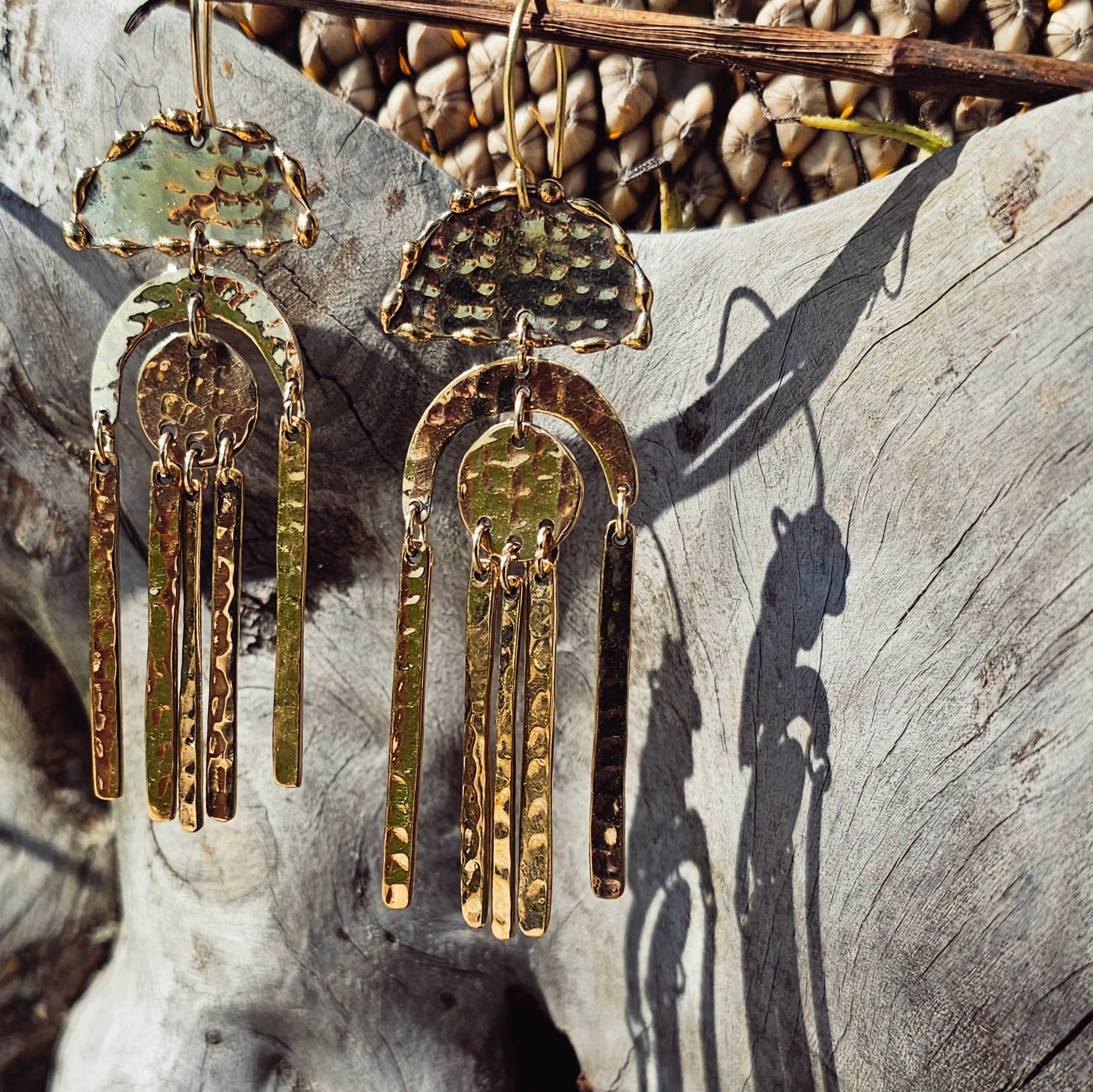 Hammered brass chandelier big earrings Bisjoux exclusive