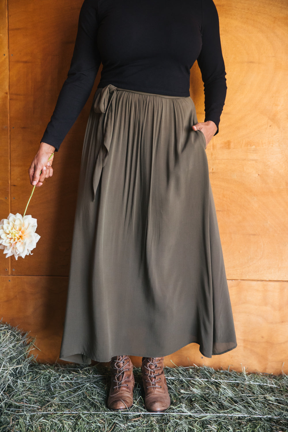 Maxi Wrap Skirt in Olive Challis